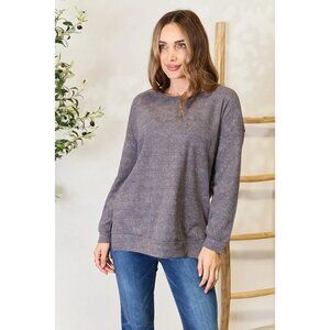 Basic Bae Round Neck Drop Shoulder Slit Sweatshirt
